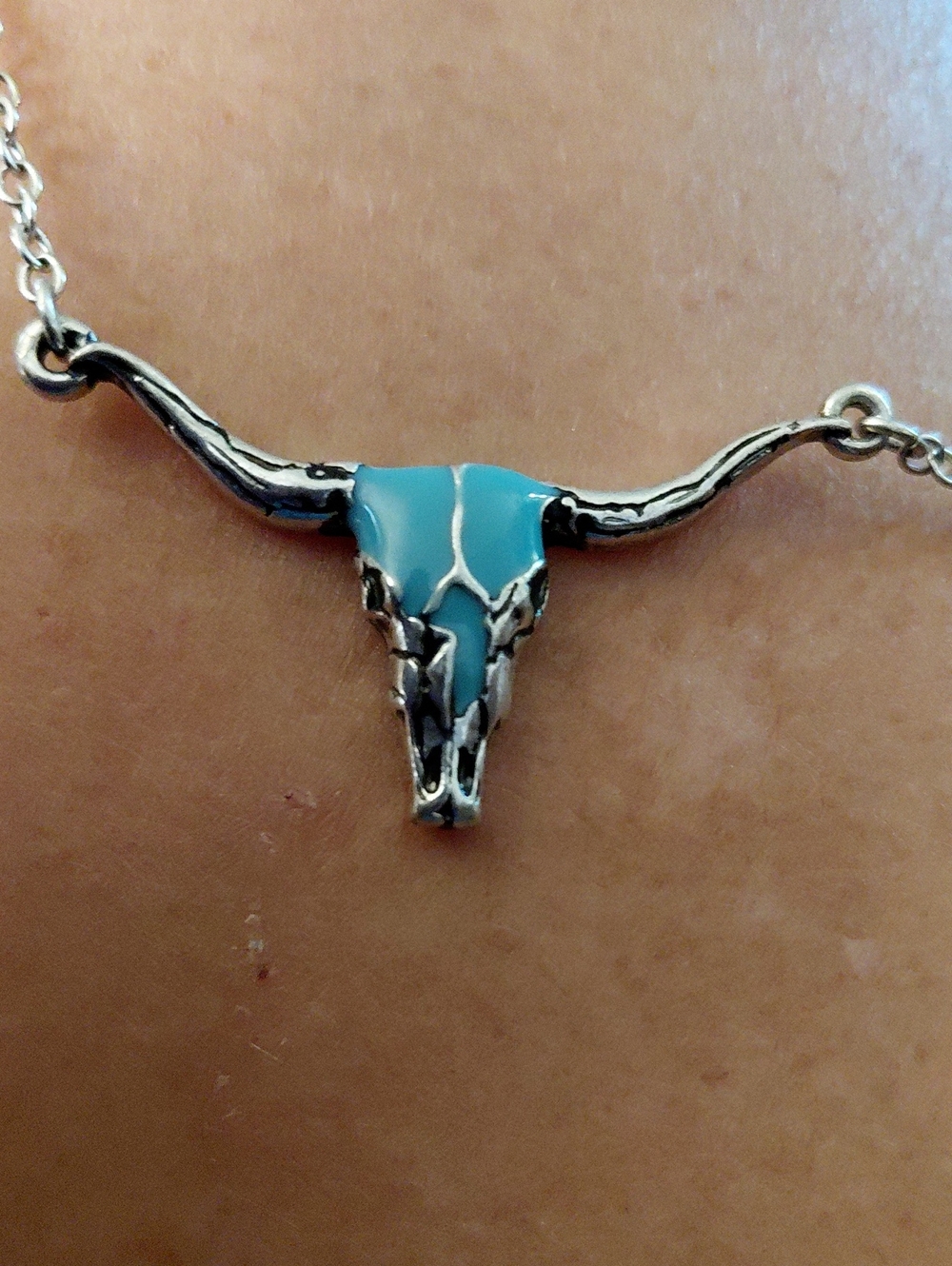 Silver-Tone Turquoise Longhorn Skull Necklace for Women